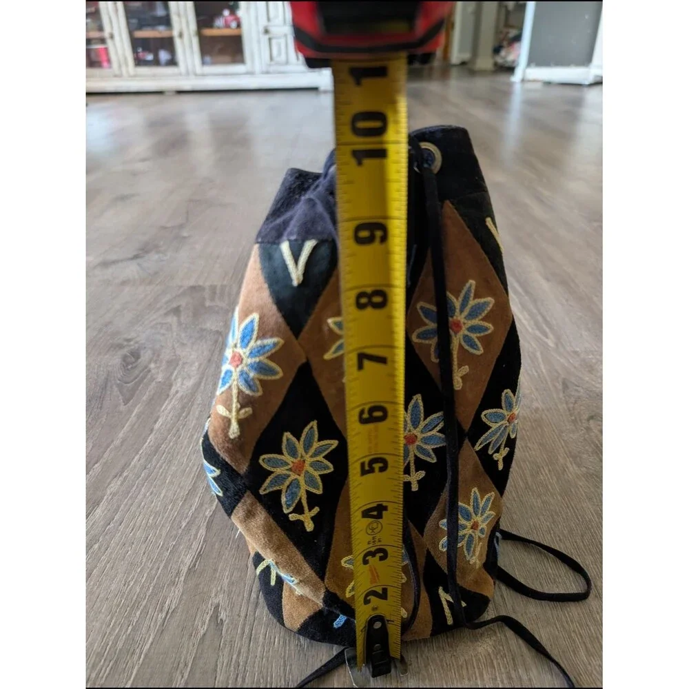 Embroidered Drawstring Suede Floral Bucket Bag - Black & Brown with Blue Flowers